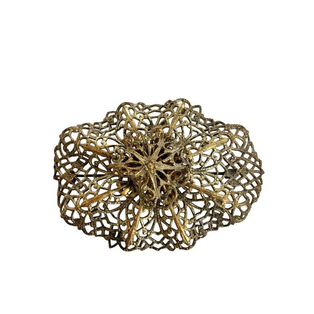 Vintage Oval Lacy Filigree Brass Color Brooch Statement Piece 2" x 2 3/4"